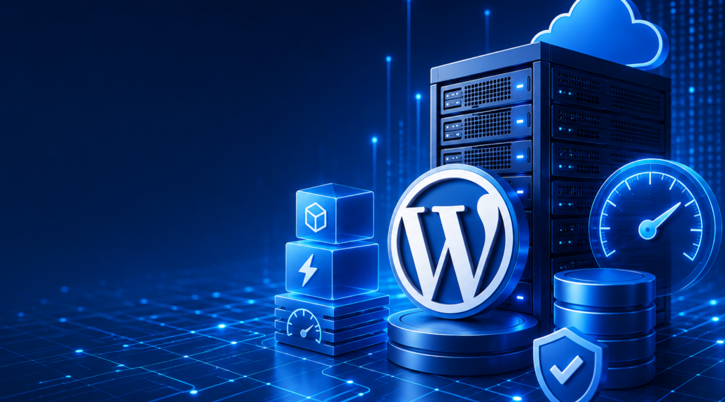 Futuristische illustratie van een WordPress hostingomgeving met servers, caching, database en performance-optimalisatie in blauwe tinten.