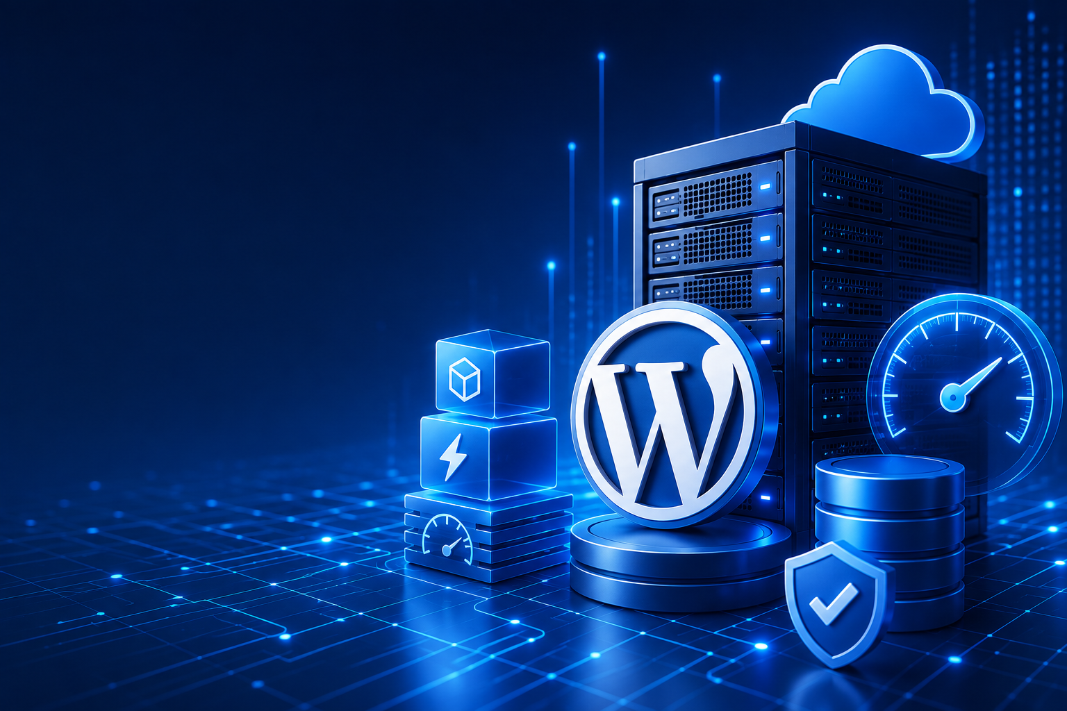 Futuristische illustratie van een WordPress hostingomgeving met servers, caching, database en performance-optimalisatie in blauwe tinten.