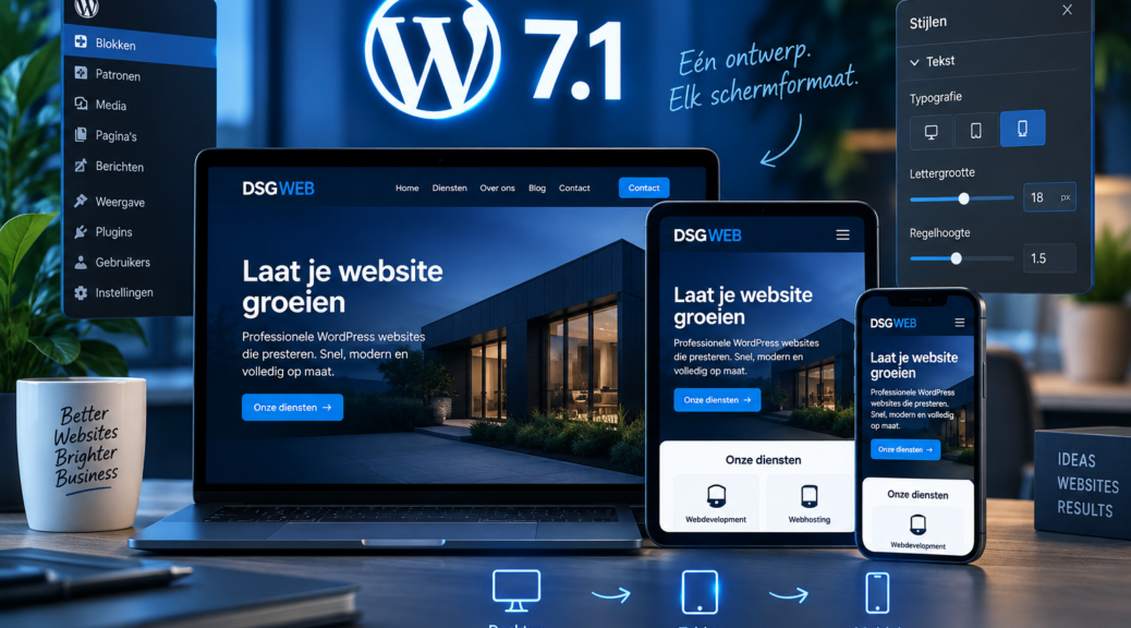 Responsive WordPress website op desktop, tablet en mobiel met WordPress 7.1
