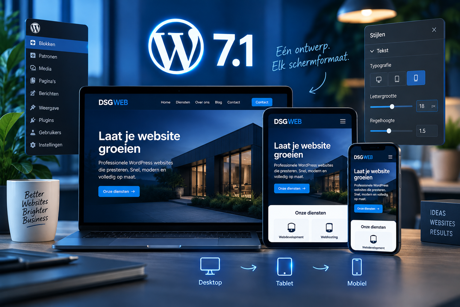 Responsive WordPress website op desktop, tablet en mobiel met WordPress 7.1