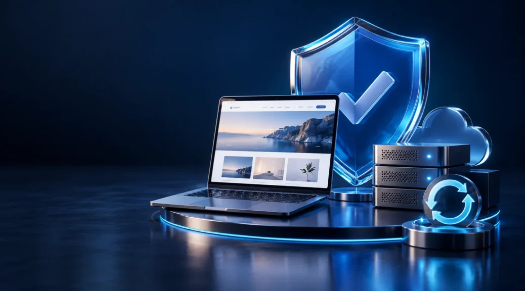 Illustratie van websiteonderhoud met back-ups, updates en beveiliging