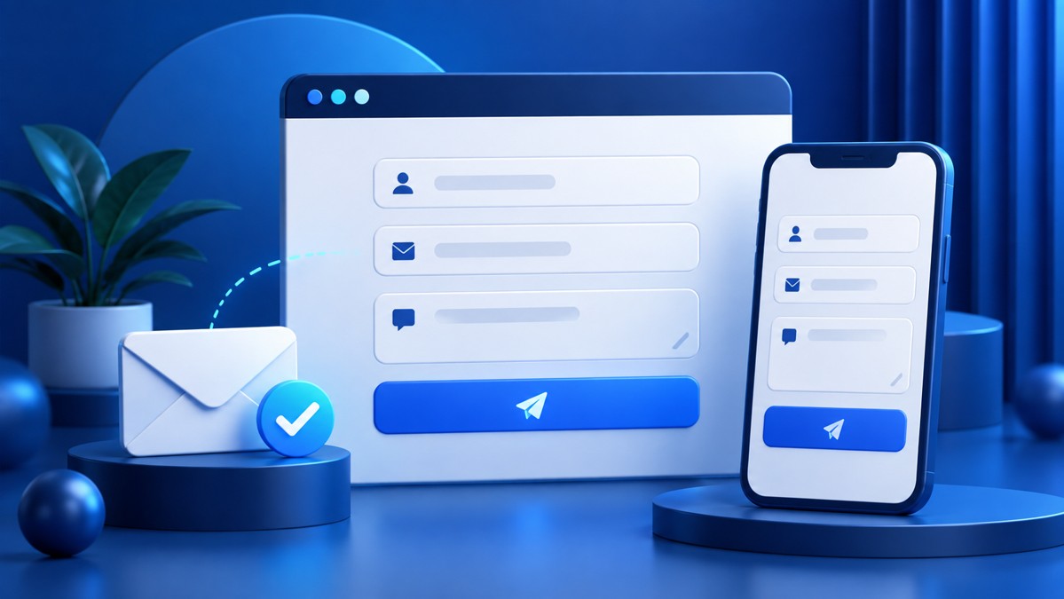 Blauwe illustratie van een contactformulier op een computer en smartphone
