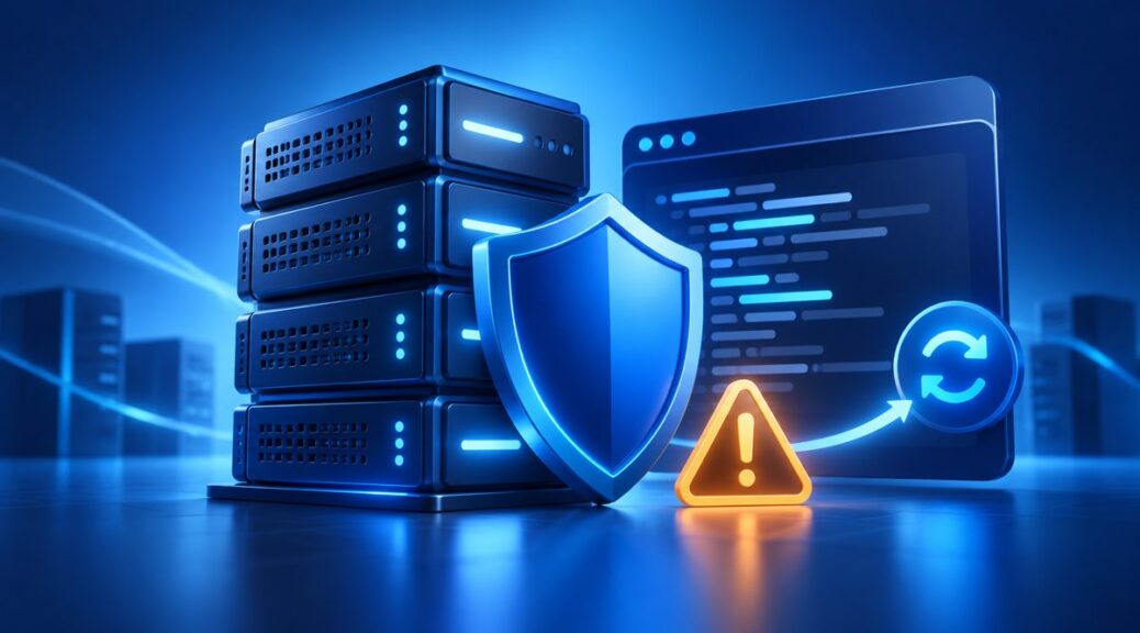 Illustratie van PHP-beveiliging met servers, een blauw schild en een waarschuwing voor PHP2Shell
