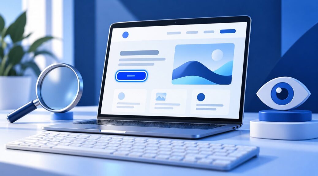 Blauwe illustratie van een laptop met gemarkeerde knop, toetsenbord, vergrootglas en oog