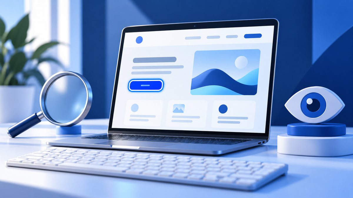 Blauwe illustratie van een laptop met gemarkeerde knop, toetsenbord, vergrootglas en oog