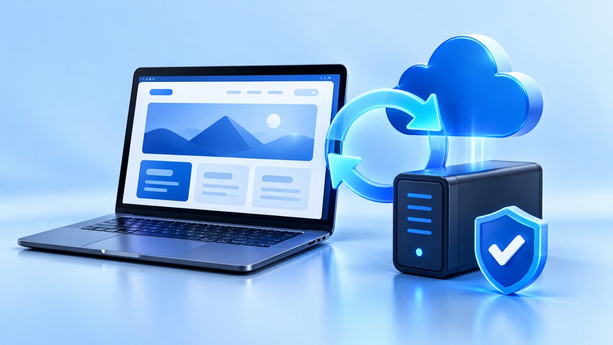 Blauwe illustratie van een websiteback-up met laptop, cloudopslag en herstelpijlen